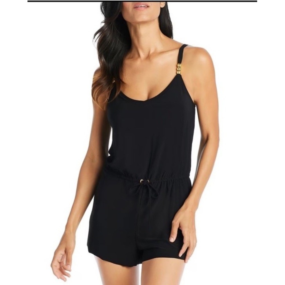 Beyond Control Black Swimsuit/Romper Womens Sz 14 Modest Gold Accent Swim Shorts